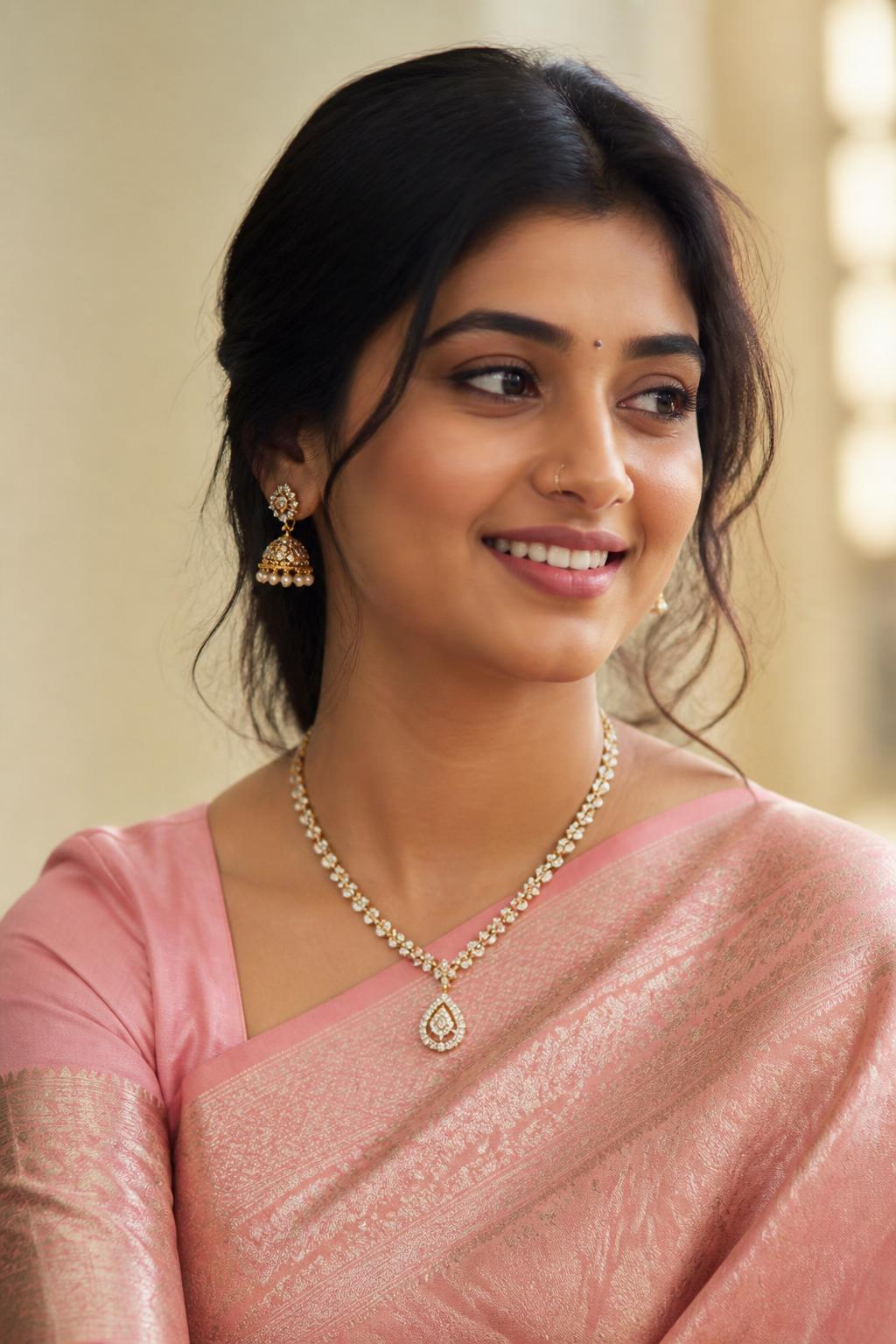 Young woman in pastel saree with diamond necklace