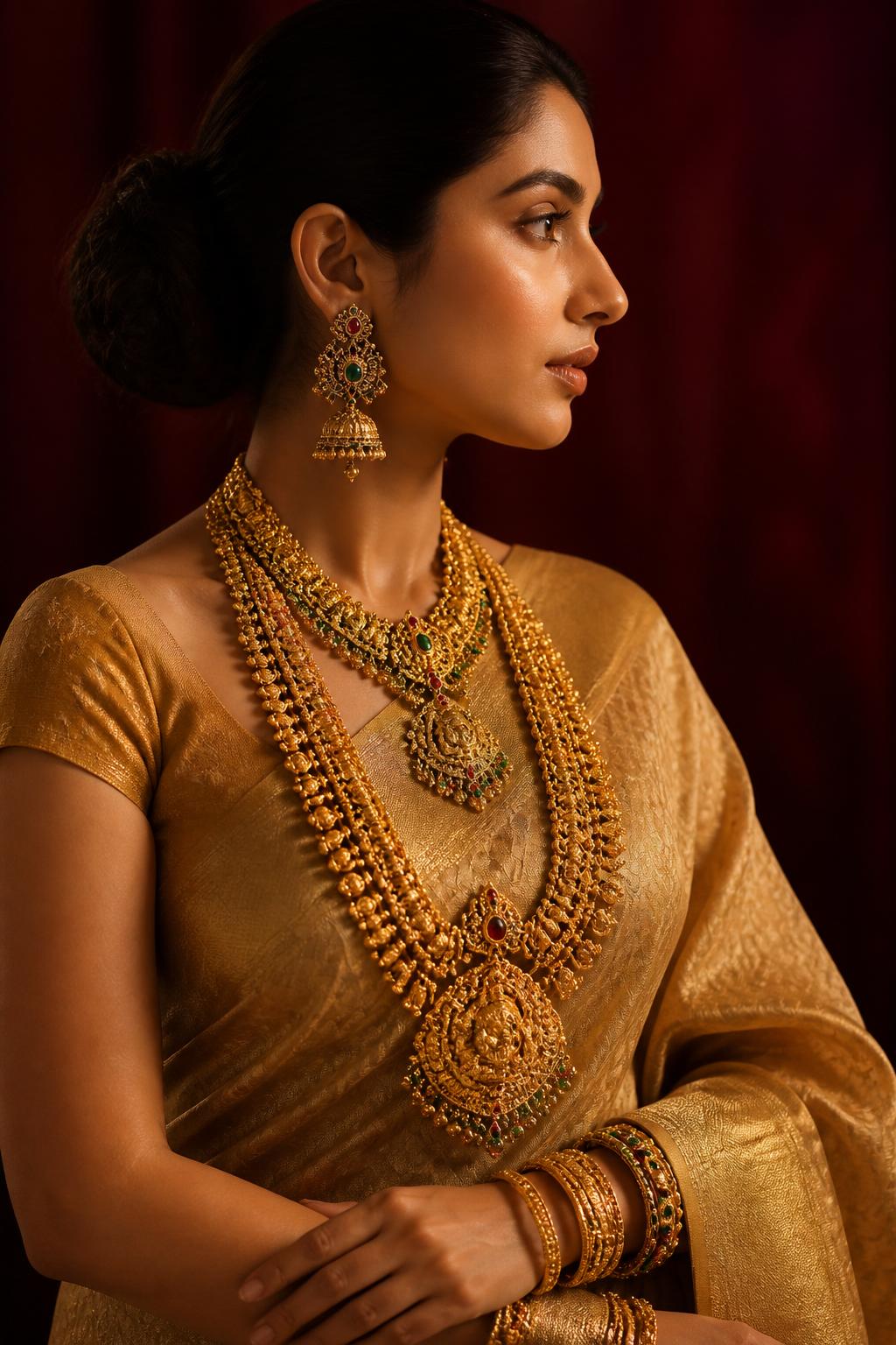 Model wearing antique gold rani-haar